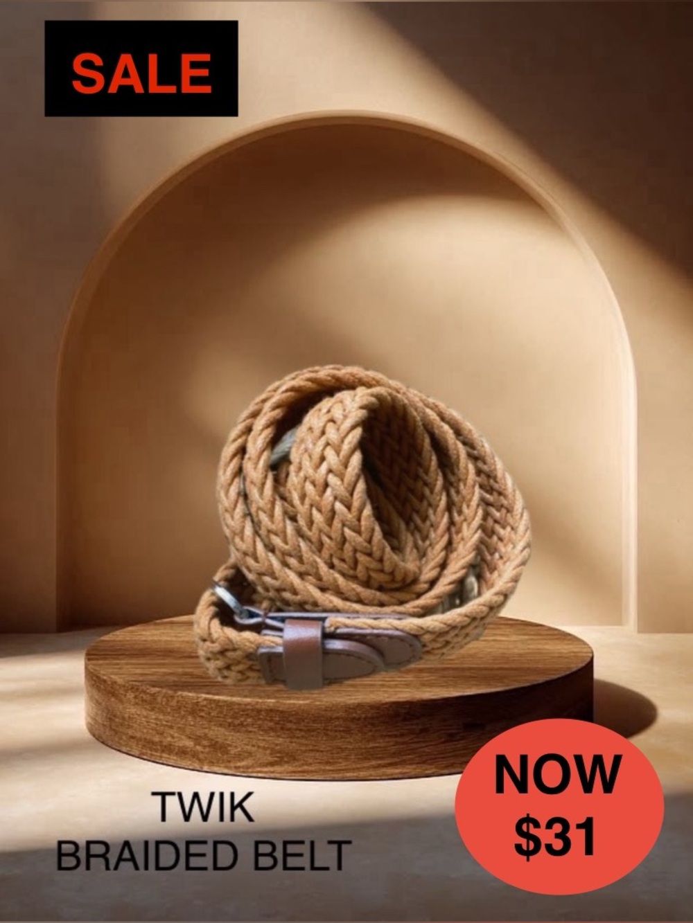 Simons Twik Boho Braided Rope Belt Tan Adjustable O-Ring Waist Cinch
